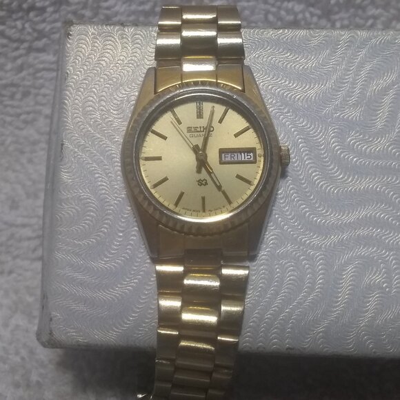 Seiko Quartz Watch 3E23-0A69 SQ Day Date Gold Bracelet President New Bat Works - Picture 1 of 12